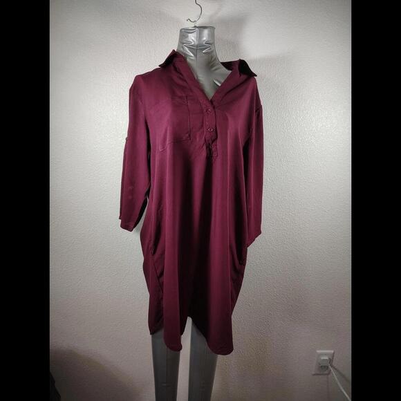 Tunic Shirt Dress Maroon 3/4 Adjustable Sleeve Buttons 3 Pockets, Size M - Picture 2 of 9